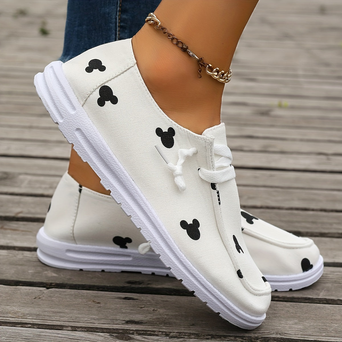 Cartoon Print Canvas Shoes, Low Top Lace Up Flat Shoes