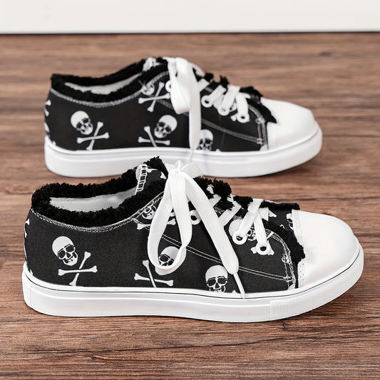 Skull Pattern Canvas Shoes, Casual Low Top Sneakers