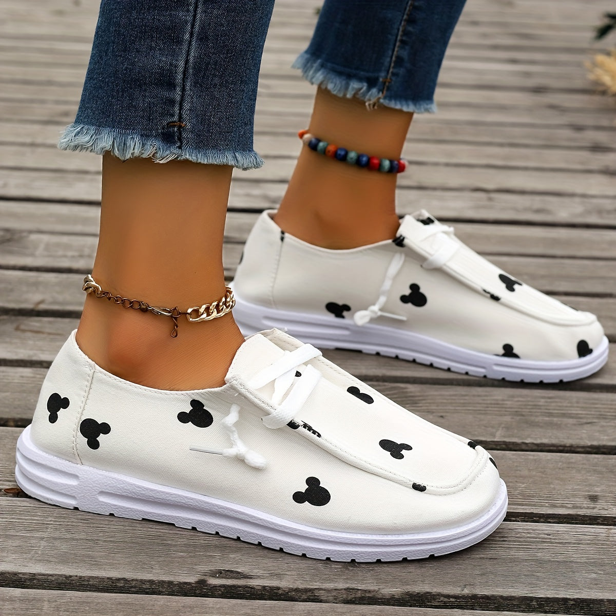 Cartoon Print Canvas Shoes, Low Top Lace Up Flat Shoes