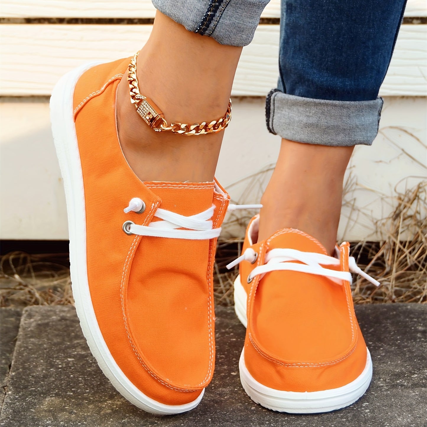 Orange Canvas Shoes, Low Top Lace Up Casual Shoes