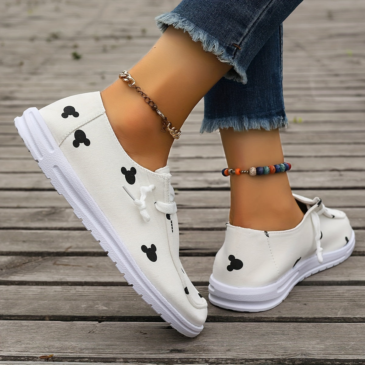 Cartoon Print Canvas Shoes, Low Top Lace Up Flat Shoes