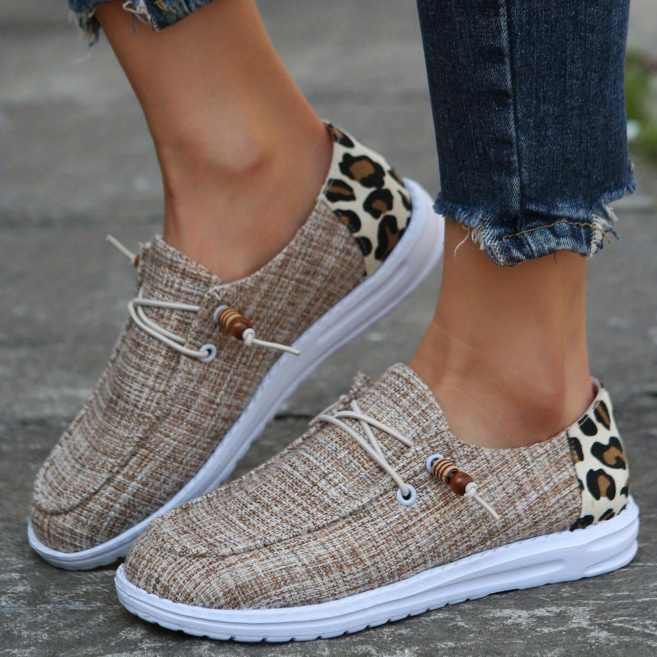 Casual Flat Loafers, Leopard Print Slip On Canvas Shoes