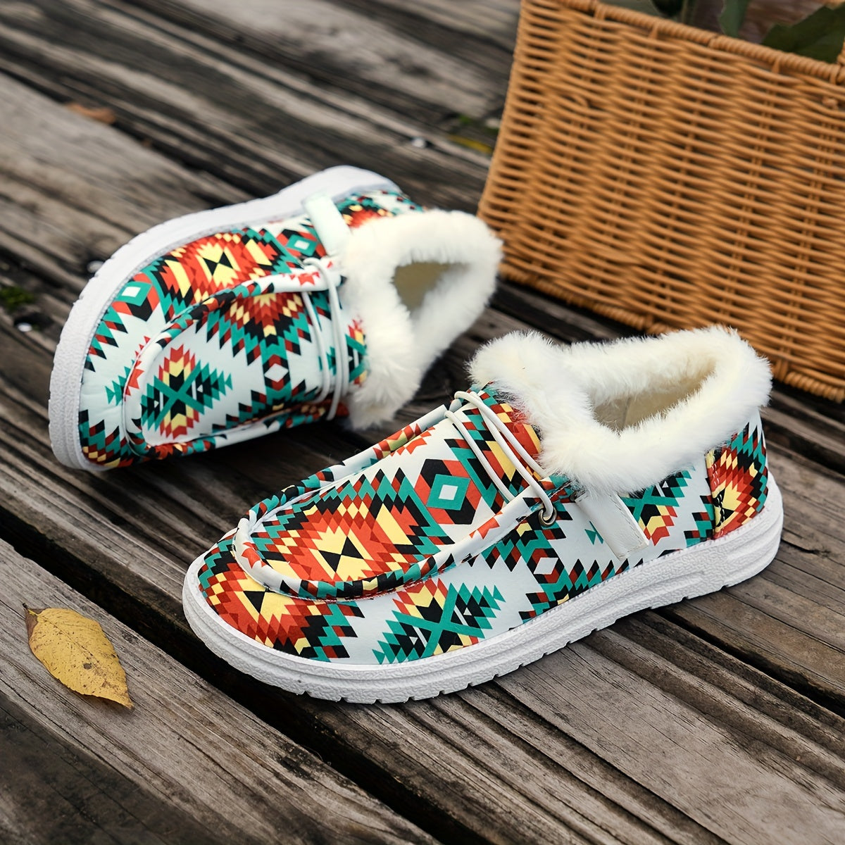 Tribal Pattern Canvas Shoes, Plush Lined Winter Sneakers