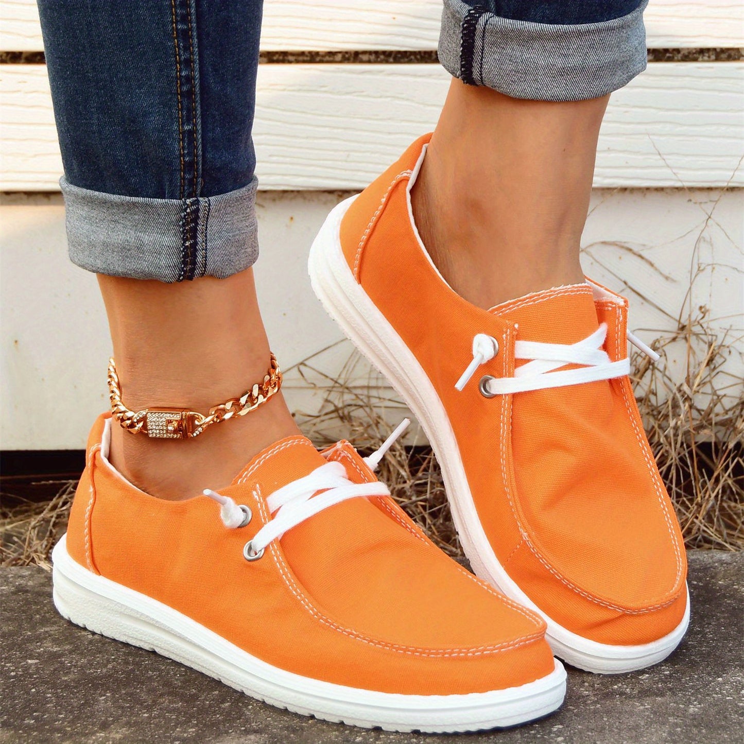 Orange Canvas Shoes, Low Top Lace Up Casual Shoes