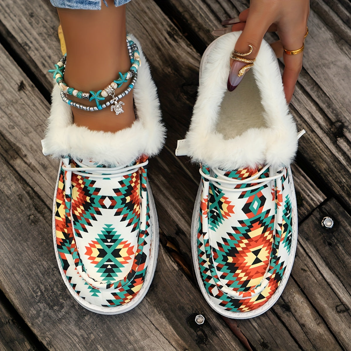 Tribal Pattern Canvas Shoes, Plush Lined Winter Sneakers
