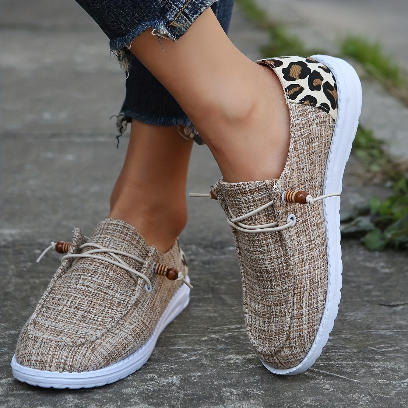 Casual Flat Loafers, Leopard Print Slip On Canvas Shoes