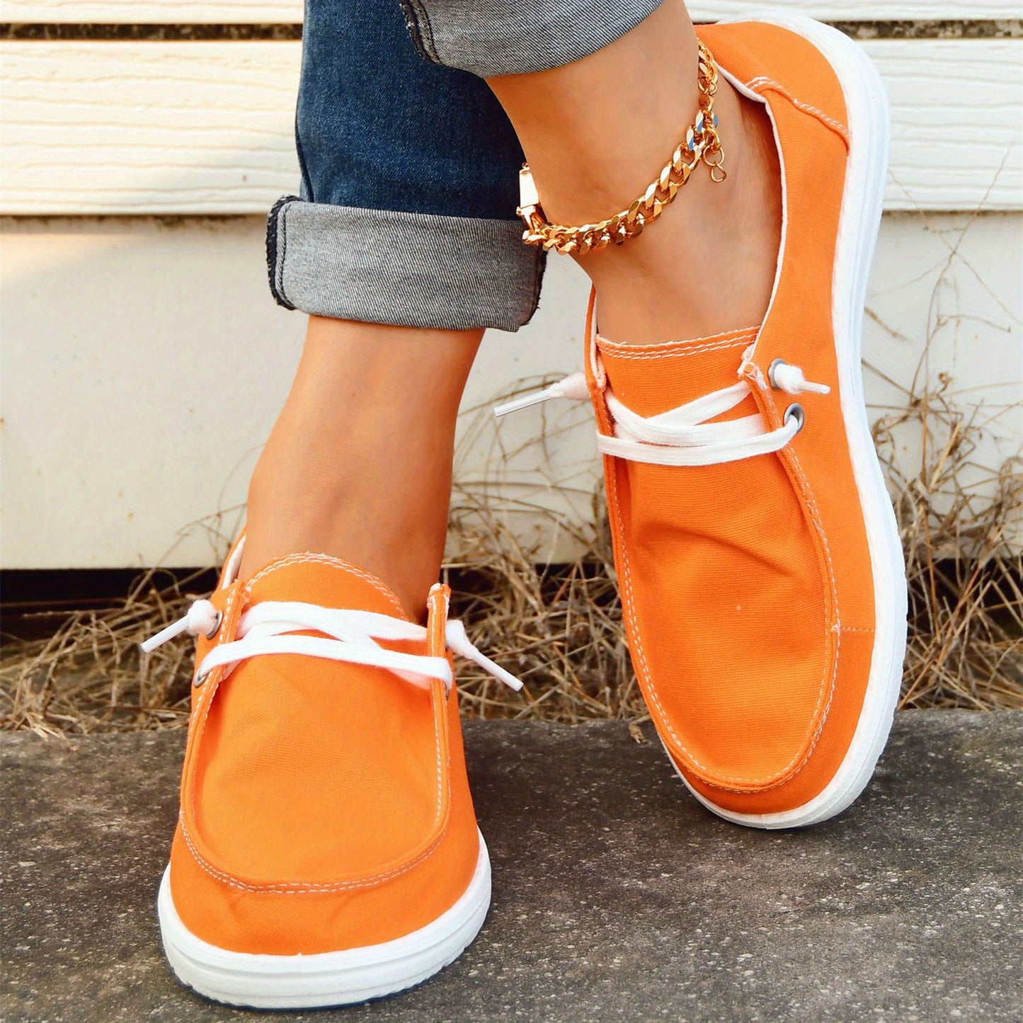 Orange Canvas Shoes, Low Top Lace Up Casual Shoes