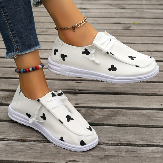 Cartoon Print Canvas Shoes, Low Top Lace Up Flat Shoes