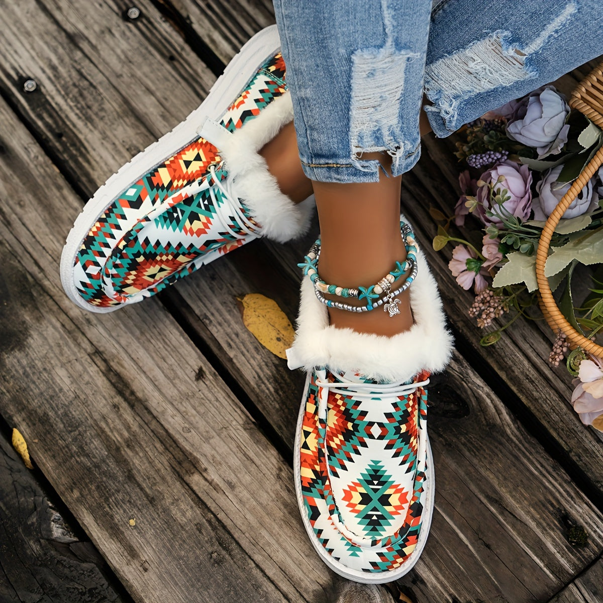 Tribal Pattern Canvas Shoes, Plush Lined Winter Sneakers