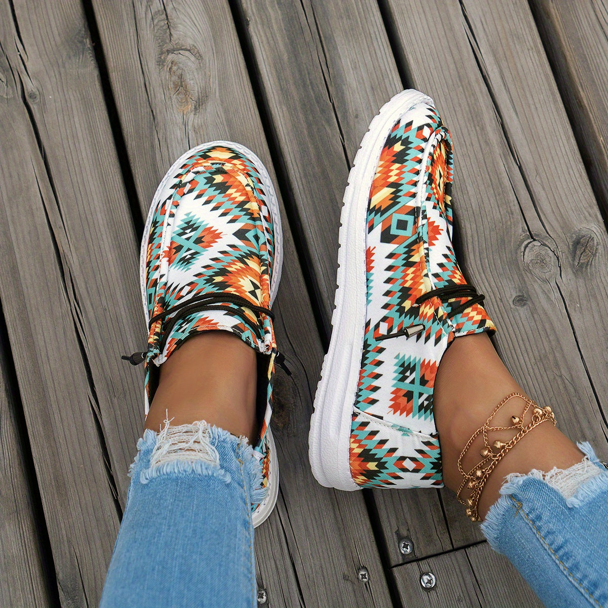 Geometric Pattern Canvas Shoes, Casual Outdoor Sneakers