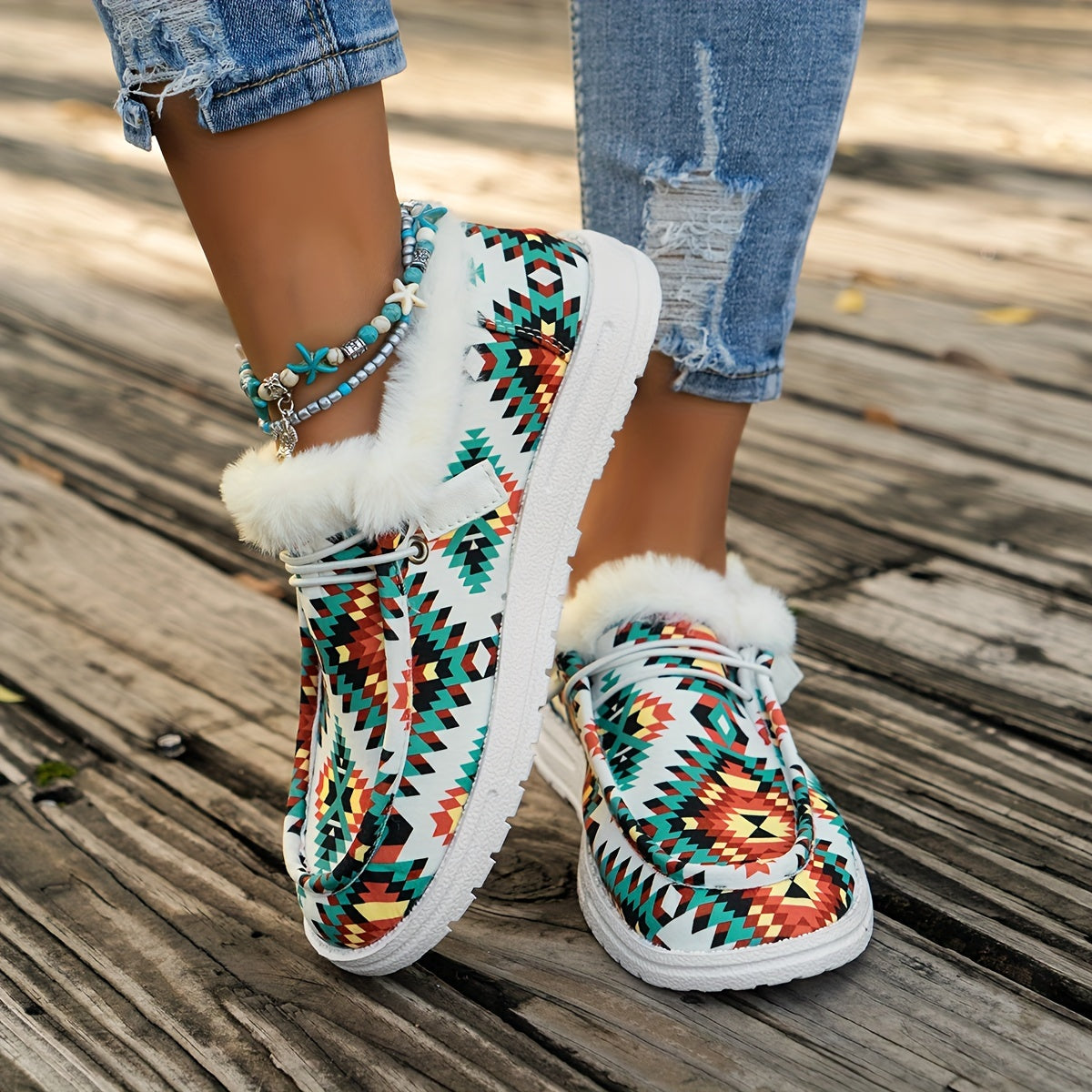 Tribal Pattern Canvas Shoes, Plush Lined Winter Sneakers