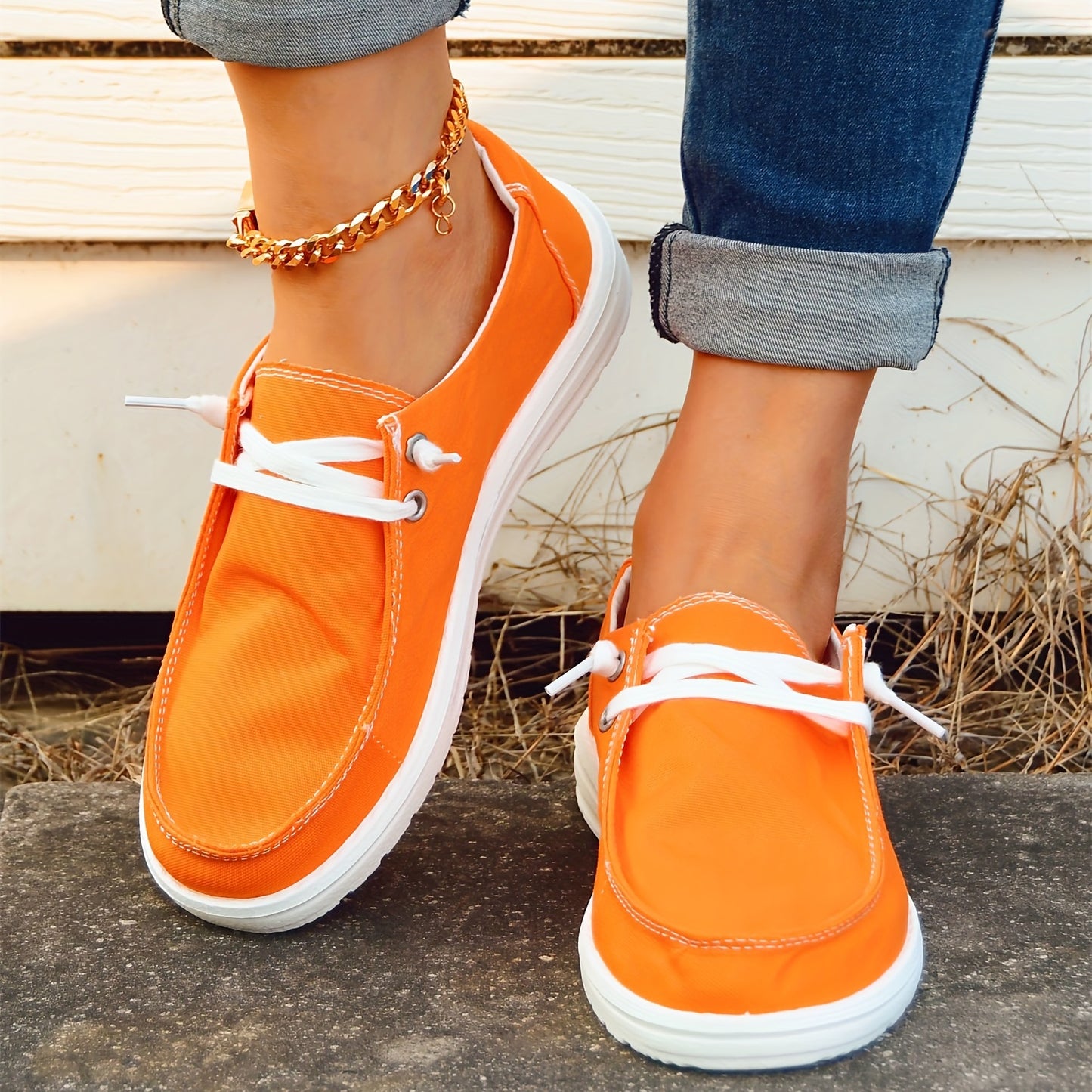 Orange Canvas Shoes, Low Top Lace Up Casual Shoes